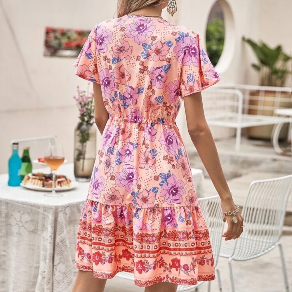 Button up boho gypsy floral print mini dress pink - Picture 8 of 12